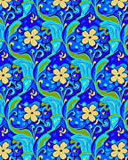 Vibrant Blue Yellow Floral Swirls Rug