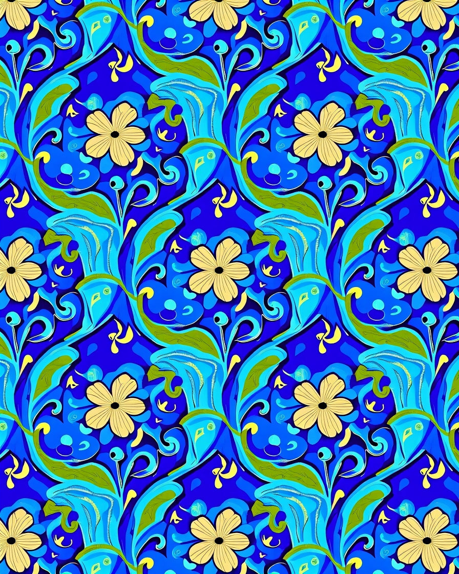 Vibrant Blue Yellow Floral Swirls Rug
