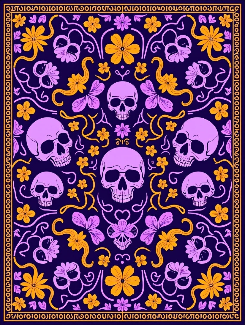 Skull Flower Floral Vine Design Rug