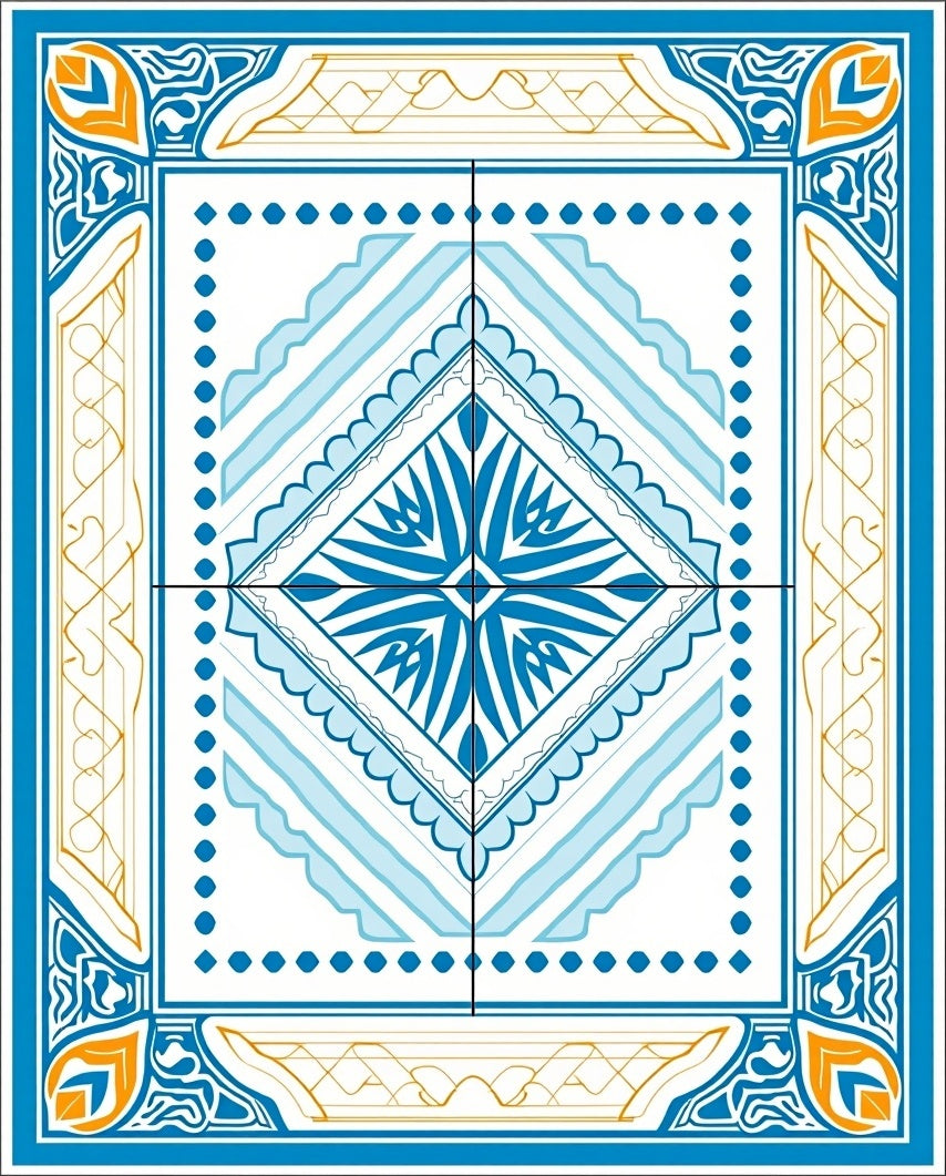Ornate Blue Gold Deco Pattern Rug