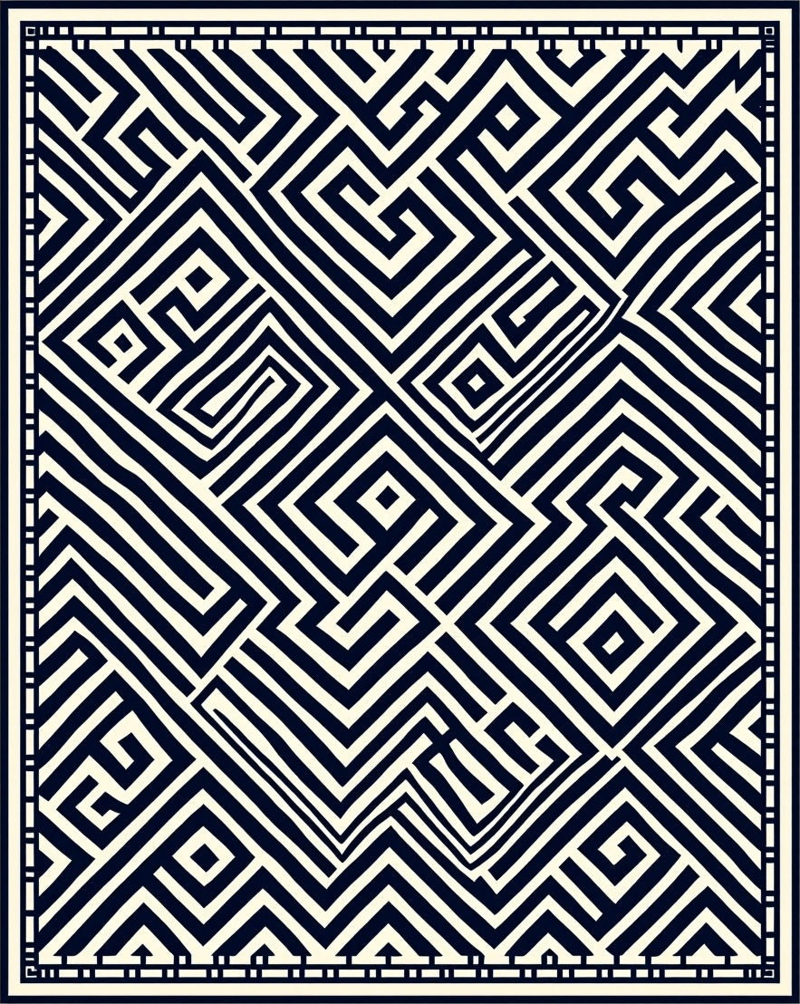 Abstract Black White Geometric Maze Design Rug