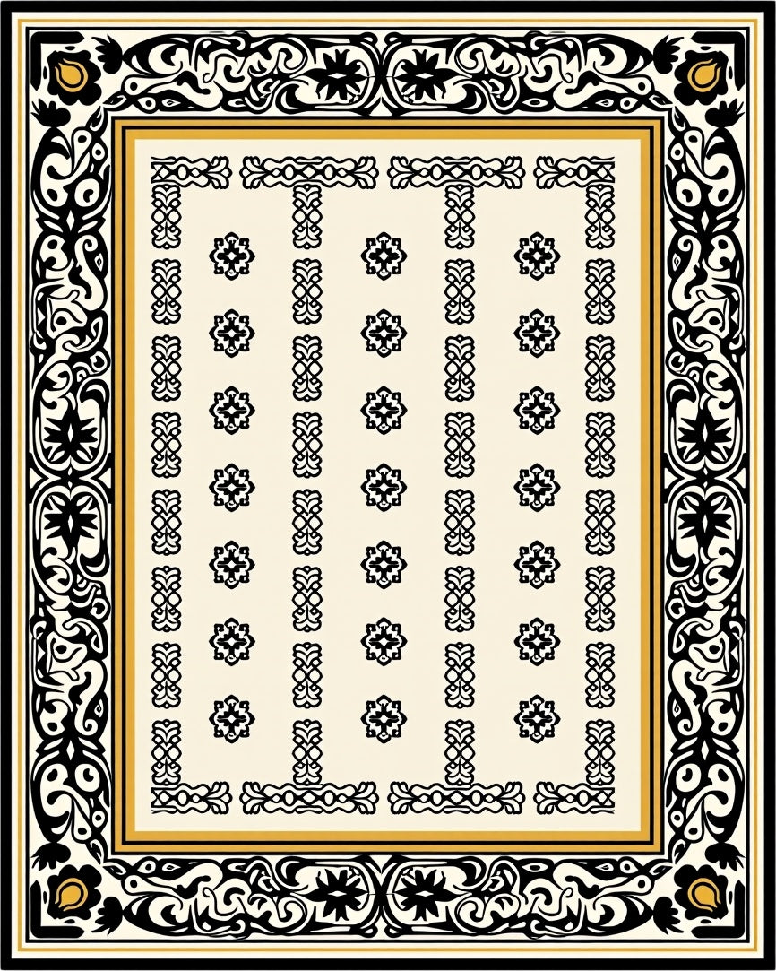 Black Gold Floral Border Design Rug