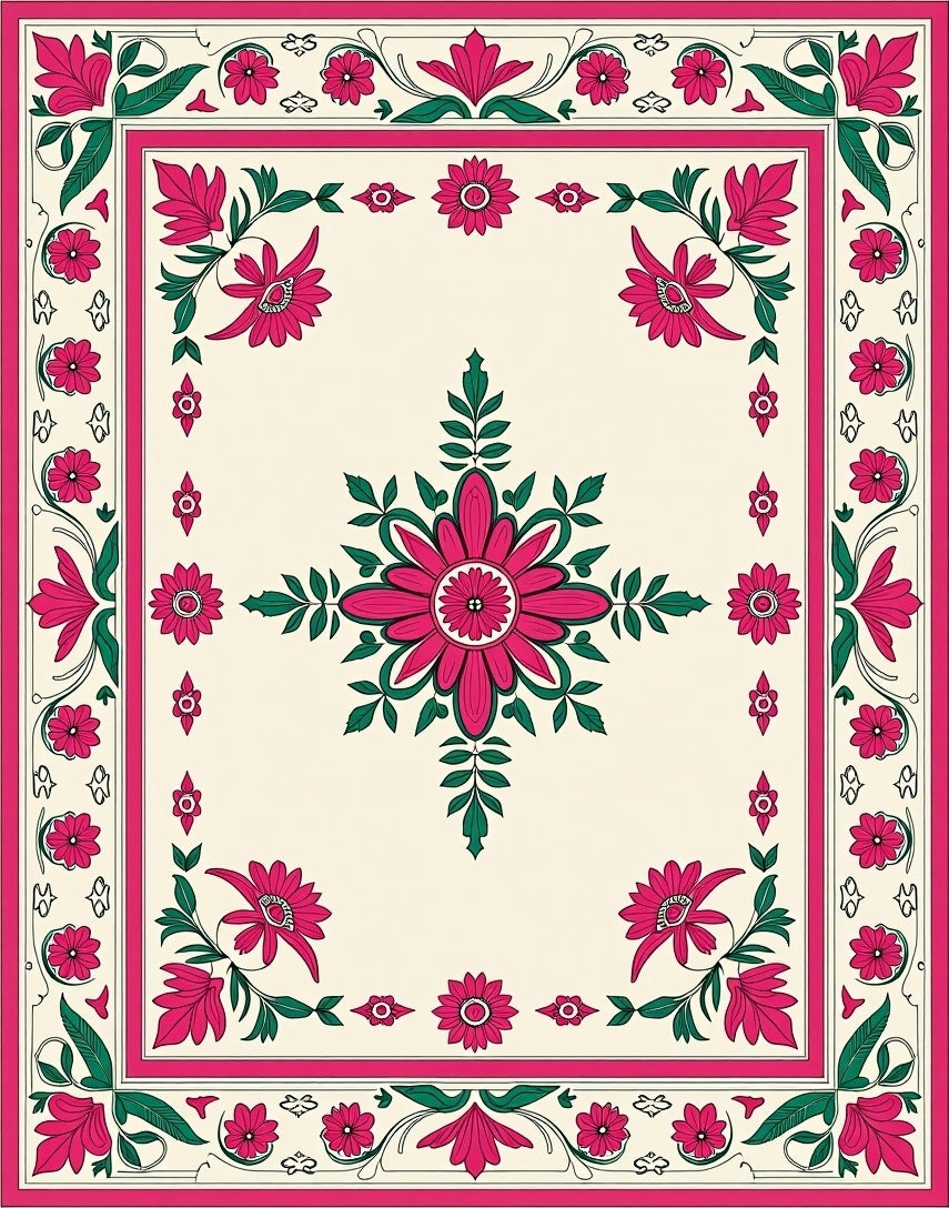 Crimson Floral Garland Border Rug