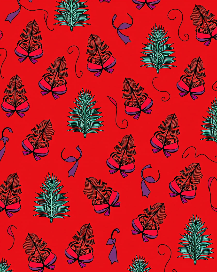 Whimsical Red Feathered Trees Ribbon Rug