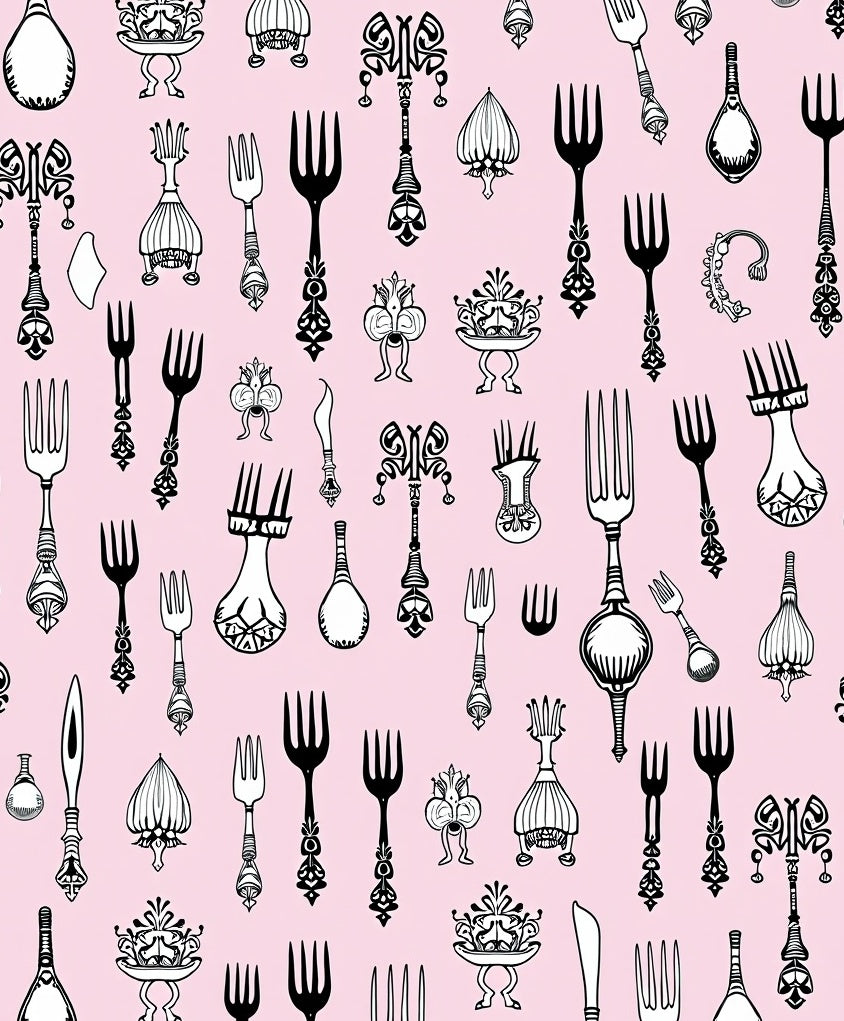 Ornate Utensil Collection on Pink Background Rug