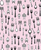 Ornate Utensil Collection on Pink Background Rug