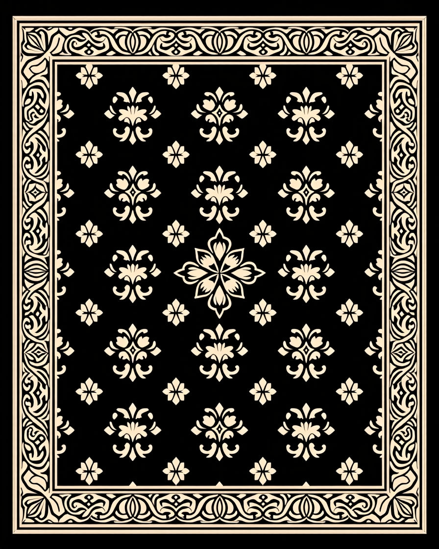 Black and Cream Floral Medallion Border Rug