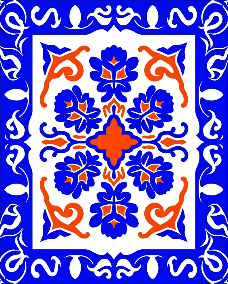 Bold Blue Orange Floral Medallion Rug