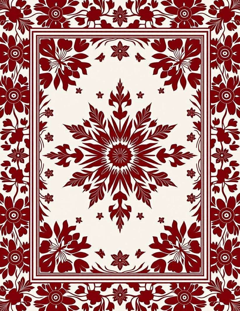 Deep Red Floral Border Medallion Design Rug