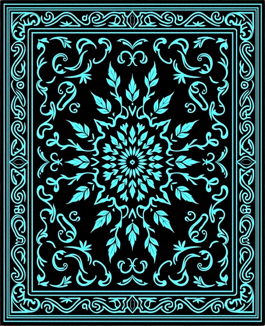 Bright Teal Leaf Mandala Pattern Rug