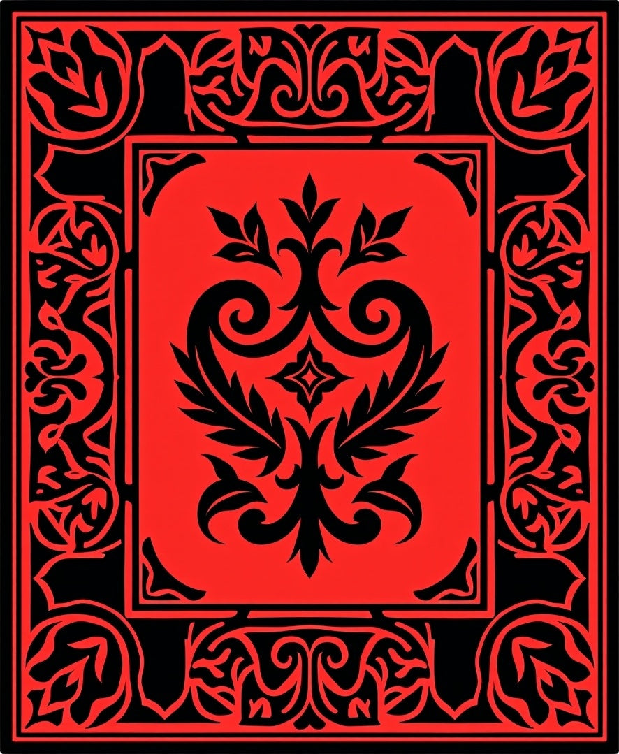Vibrant Red Black Floral Scroll Rug