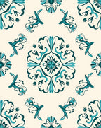 Teal And Cream Folk Art Pattern Rug