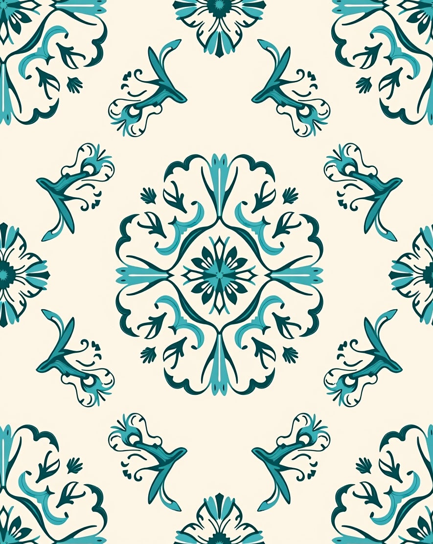 Teal And Cream Folk Art Pattern Rug