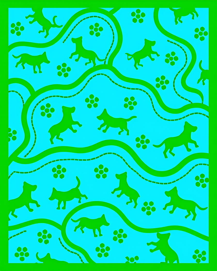 Bright Blue Green Dog Floral Repeating Rug
