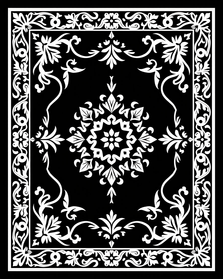 Classic Black White Floral Medallion Rug