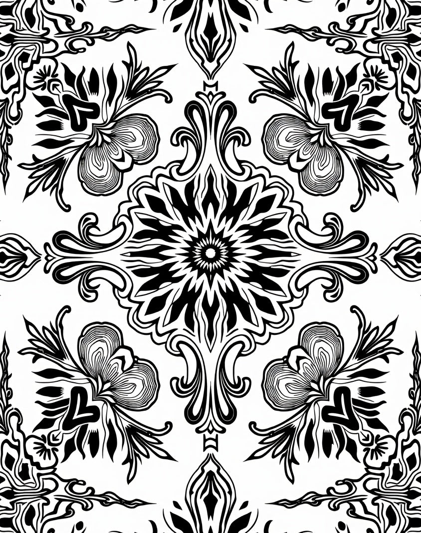 Bold Black White Stylized Floral Pattern Rug