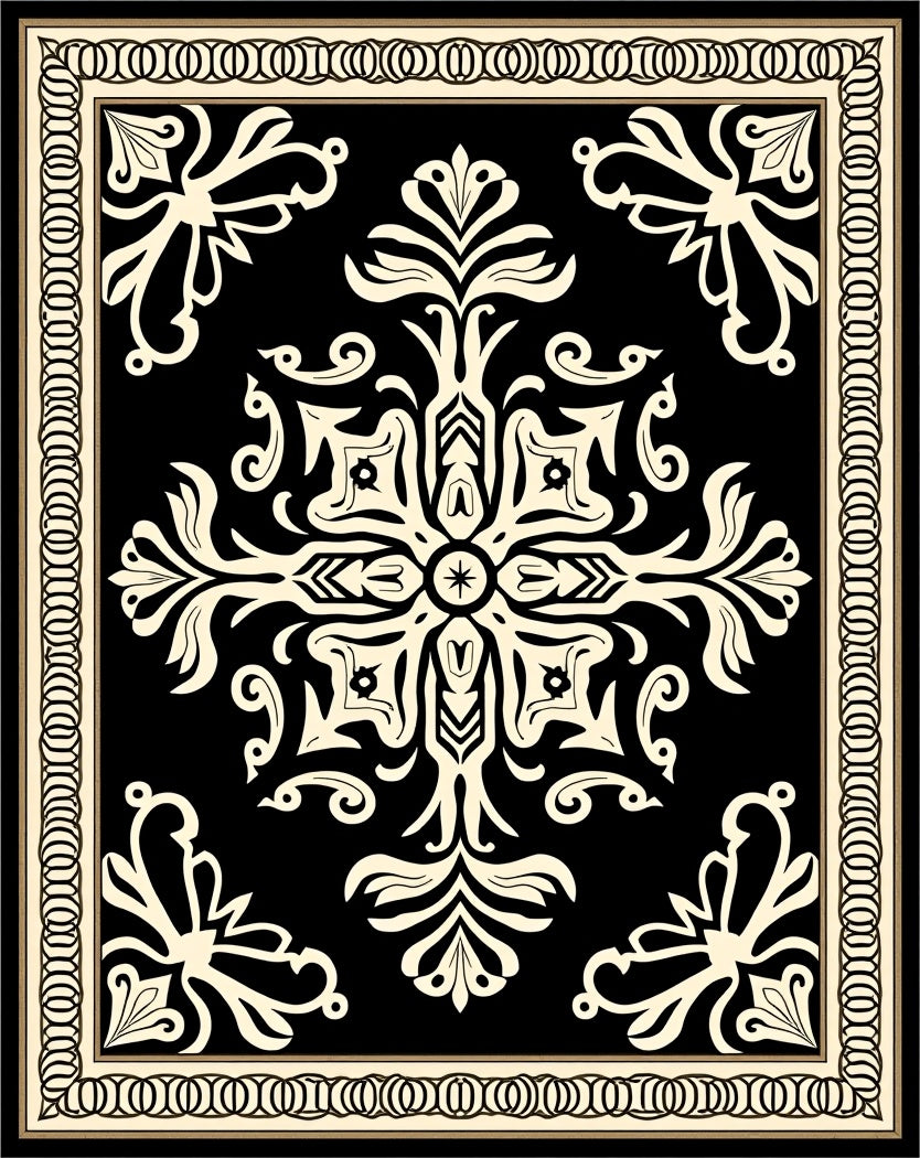 Black Cream Ornate Floral Rug