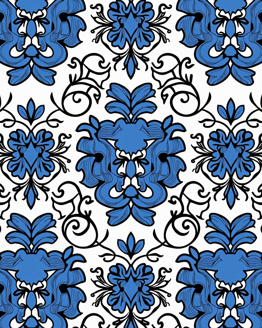 Bold Blue Floral Damask Pattern Rug