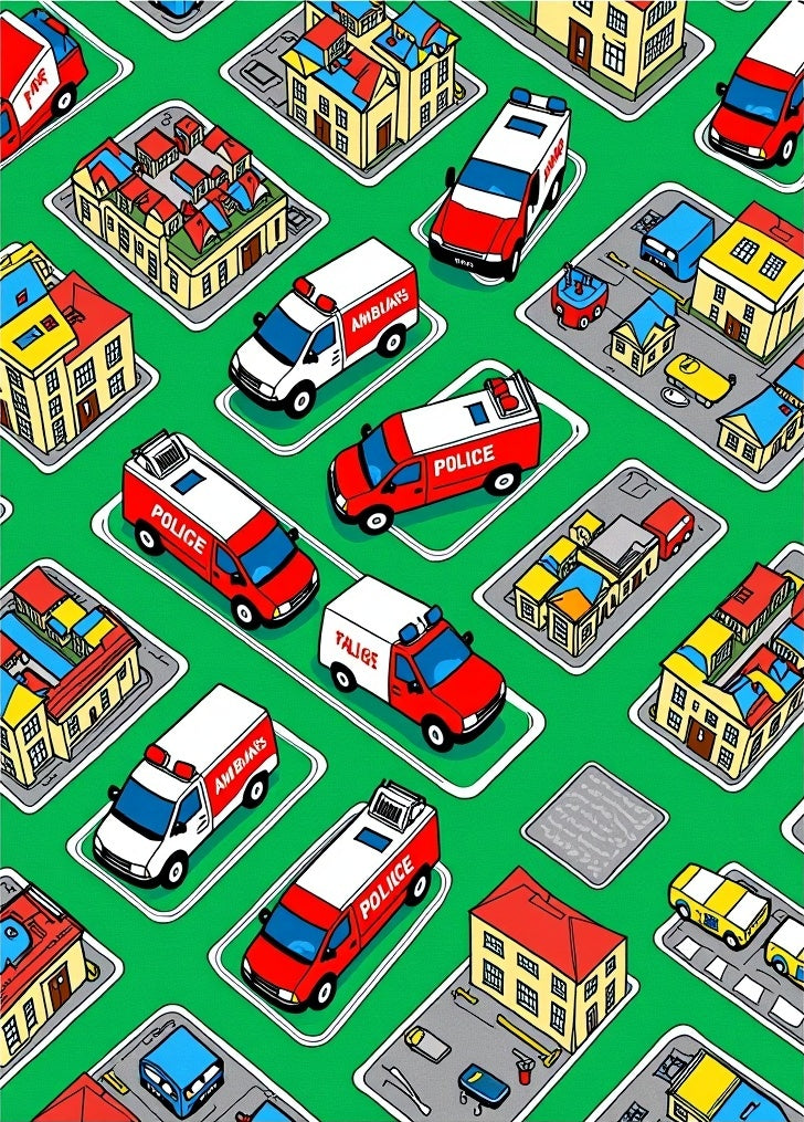 Isometric City Village Emergency Vehicles Rug