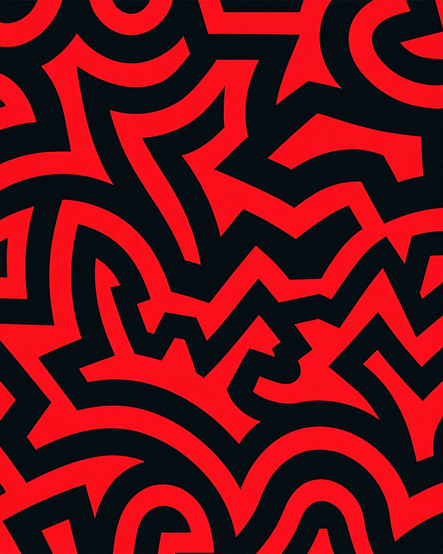 Abstract Red Black Maze Pattern Rug