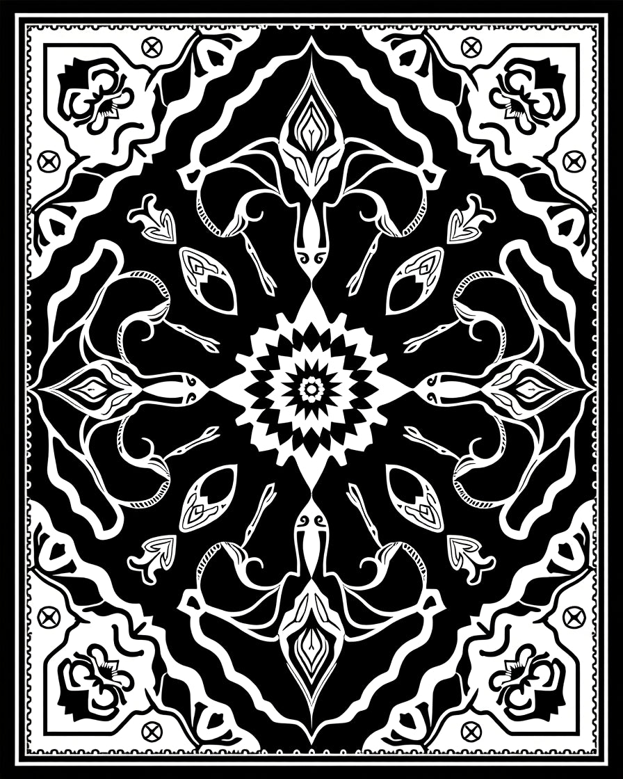 Bold Black and White Floral Mandala Rug