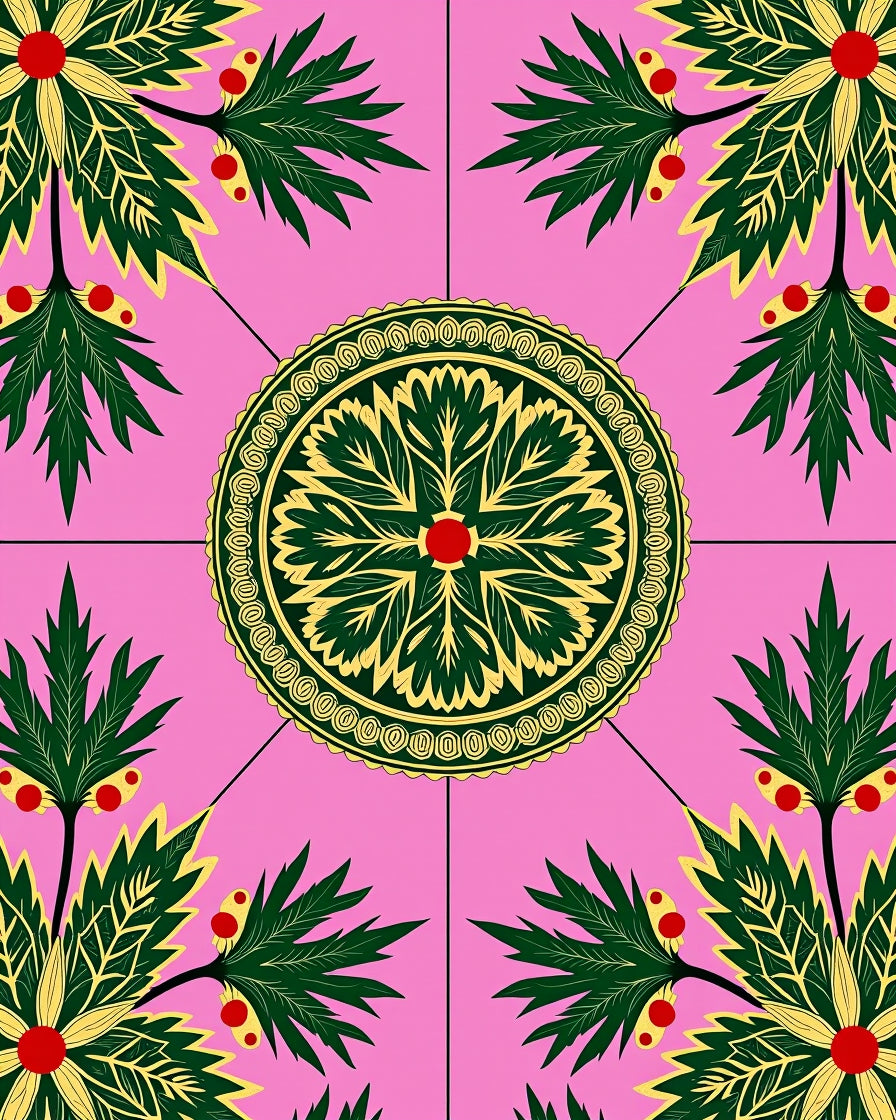 Pink Green Leaf Medallion Floral Rug