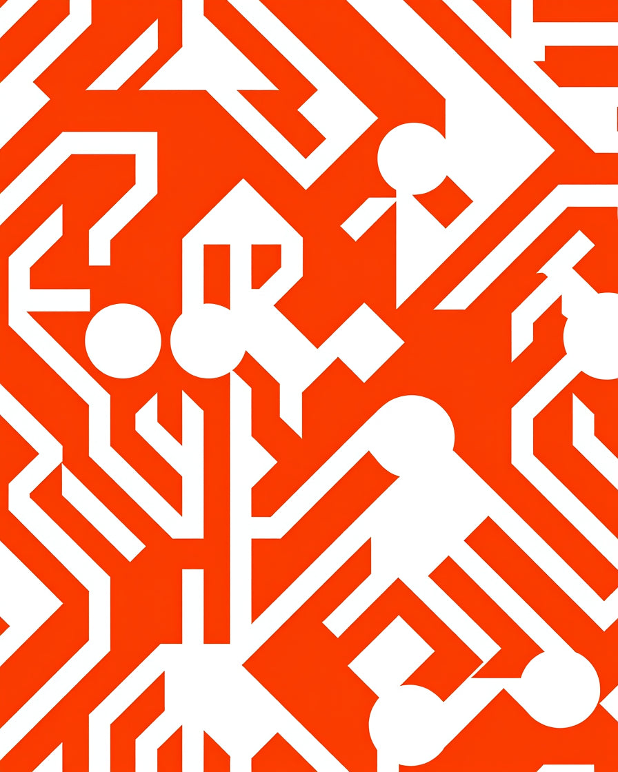 Modern Orange White Geometric Circuit Design Rug