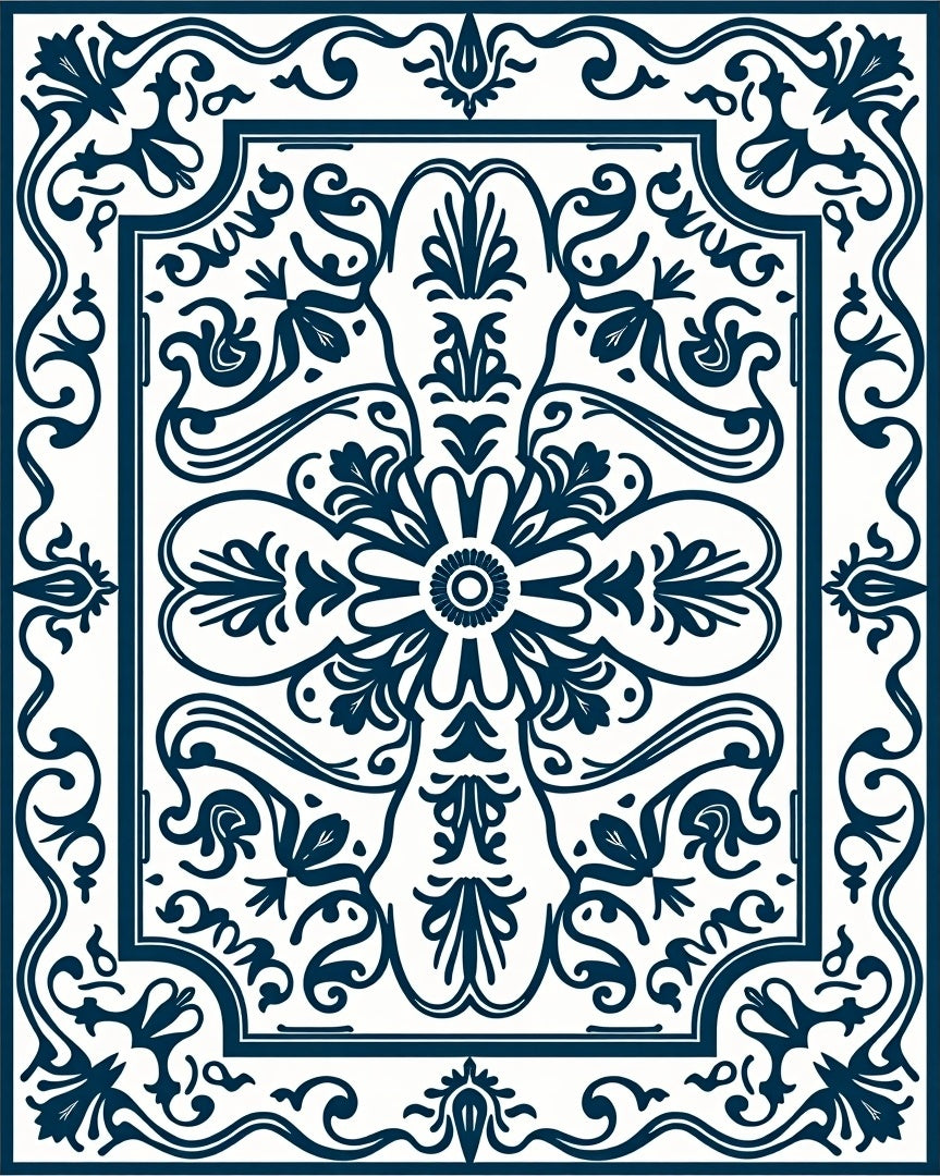 Classic Navy White Floral Pattern Rug
