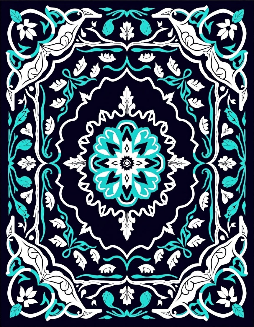 Damask Floral Patterned Teal White Rug