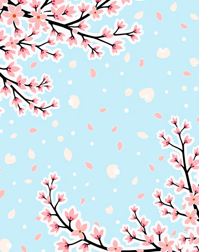 Pink Cherry Blossom Branches on Blue Rug