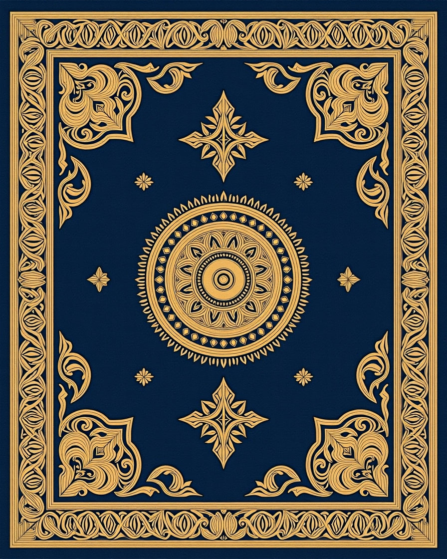 Ornate Gold Medallion Patterned Blue Rug