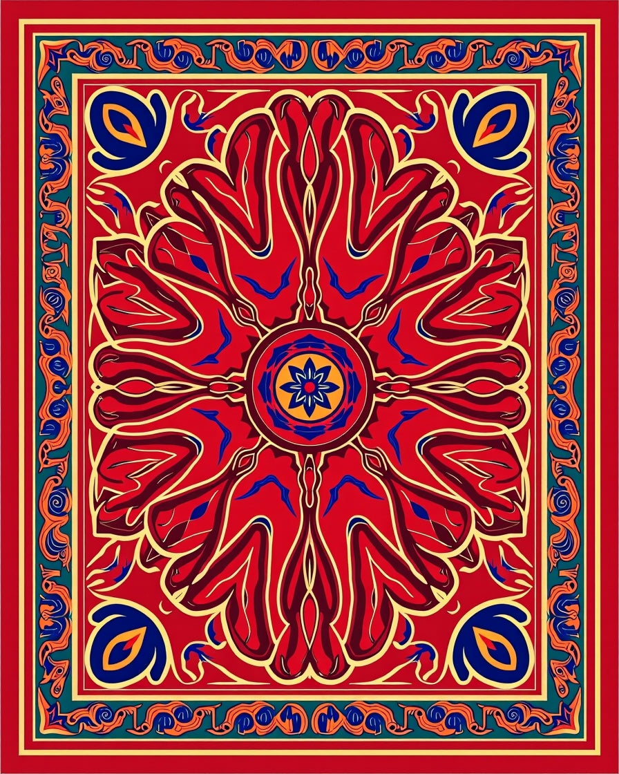 Vibrant Red Floral Mandala Rug