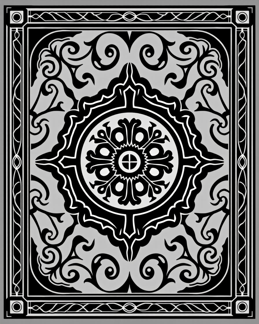 Black White Elaborate Floral Medallion Rug