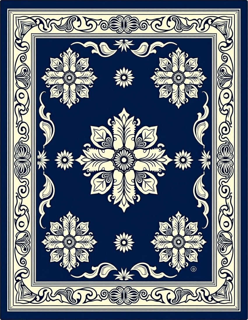 Classic Navy Floral Scroll Pattern Rug