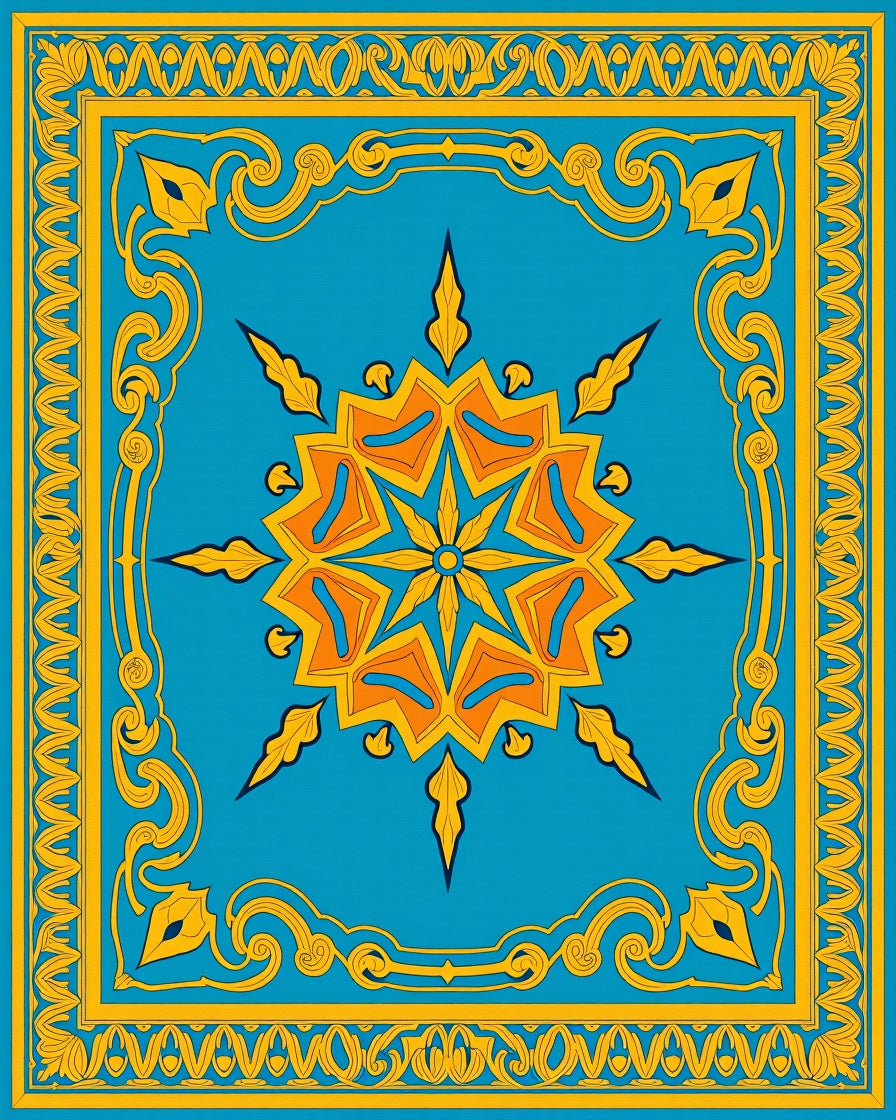 Azure and Gold Intricate Floral Mandala Rug