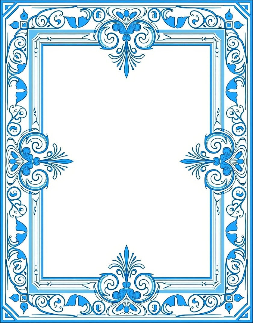 Ornate Blue Floral Scroll Border Rug