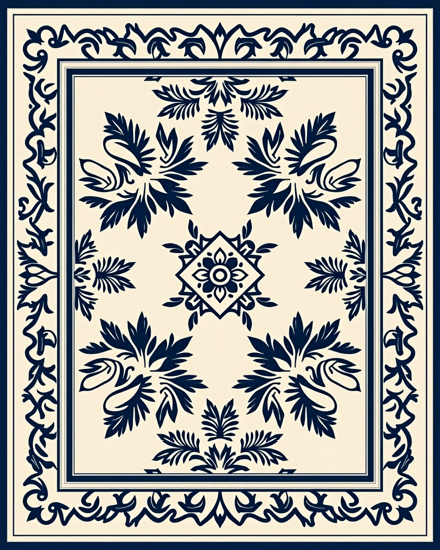 Classic Blue Cream Floral Medallion Rug