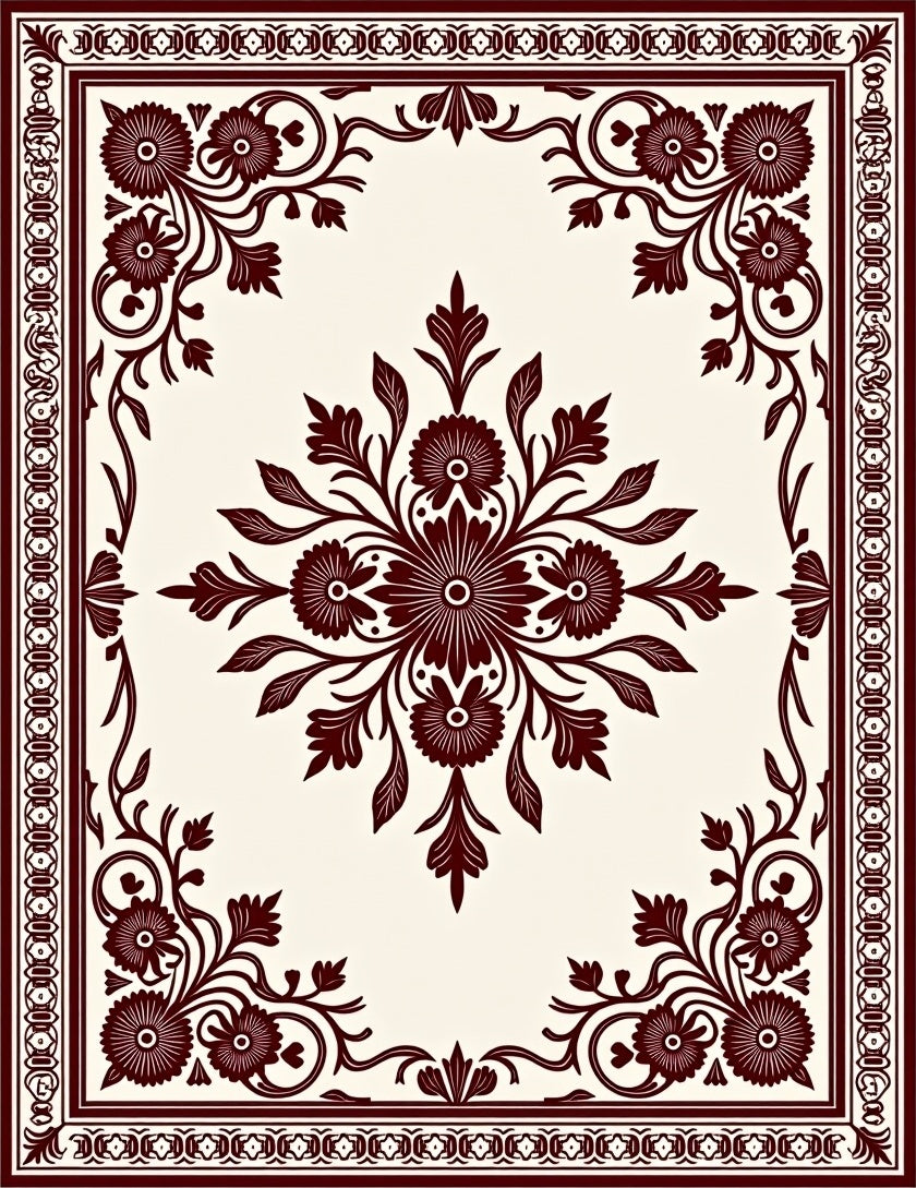Deep Red Floral Tassel Border Rug