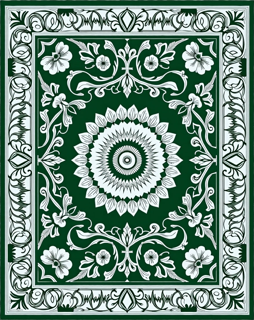 Dark Green Floral Mandala Print Rug