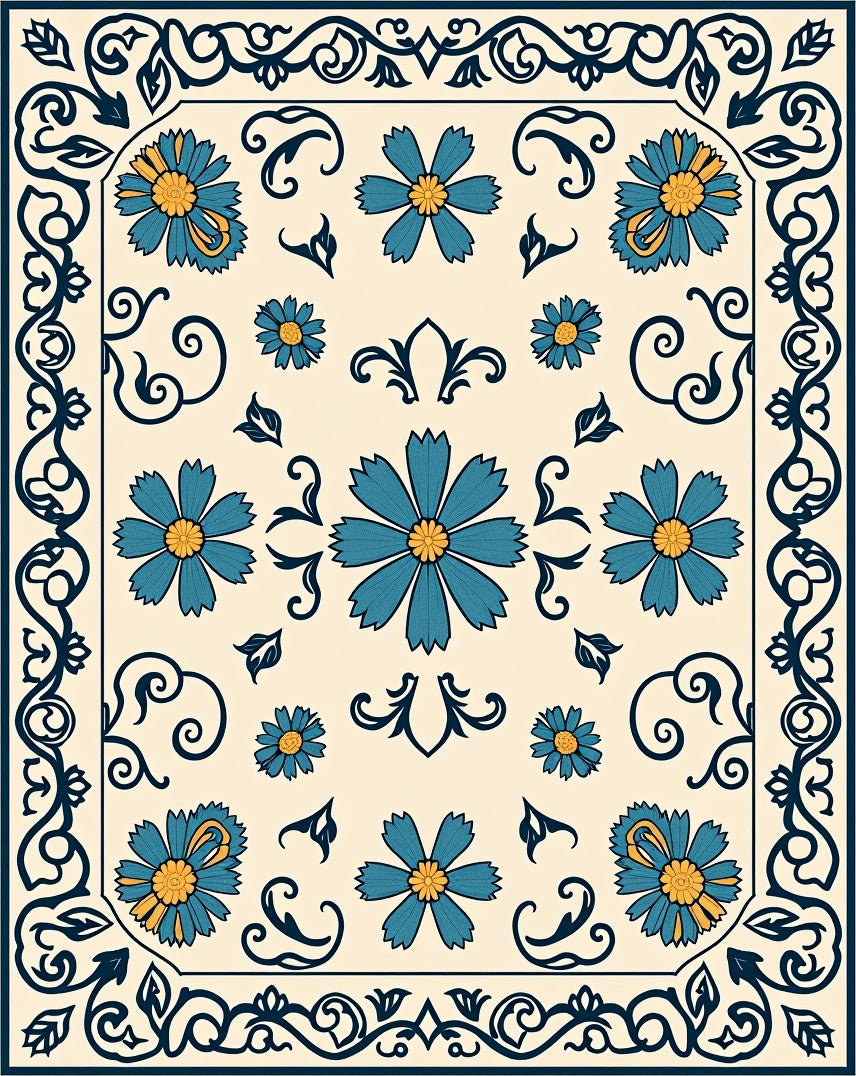 Floral Vines Beige Blue Pattern Rug