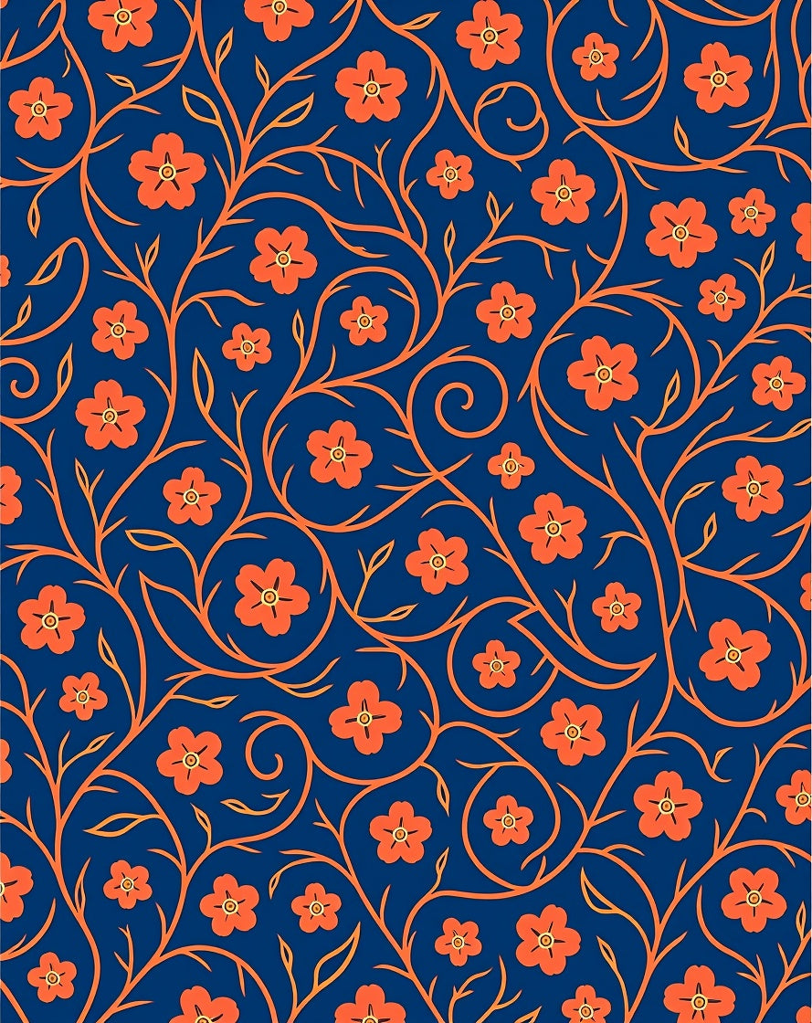 Orange Floral Vine Pattern on Blue Rug