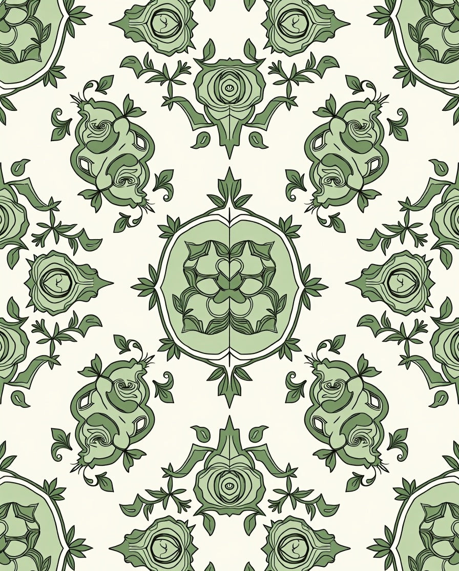 Green Nouveau Rose Scroll Pattern Rug