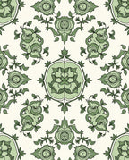 Green Nouveau Rose Scroll Pattern Rug