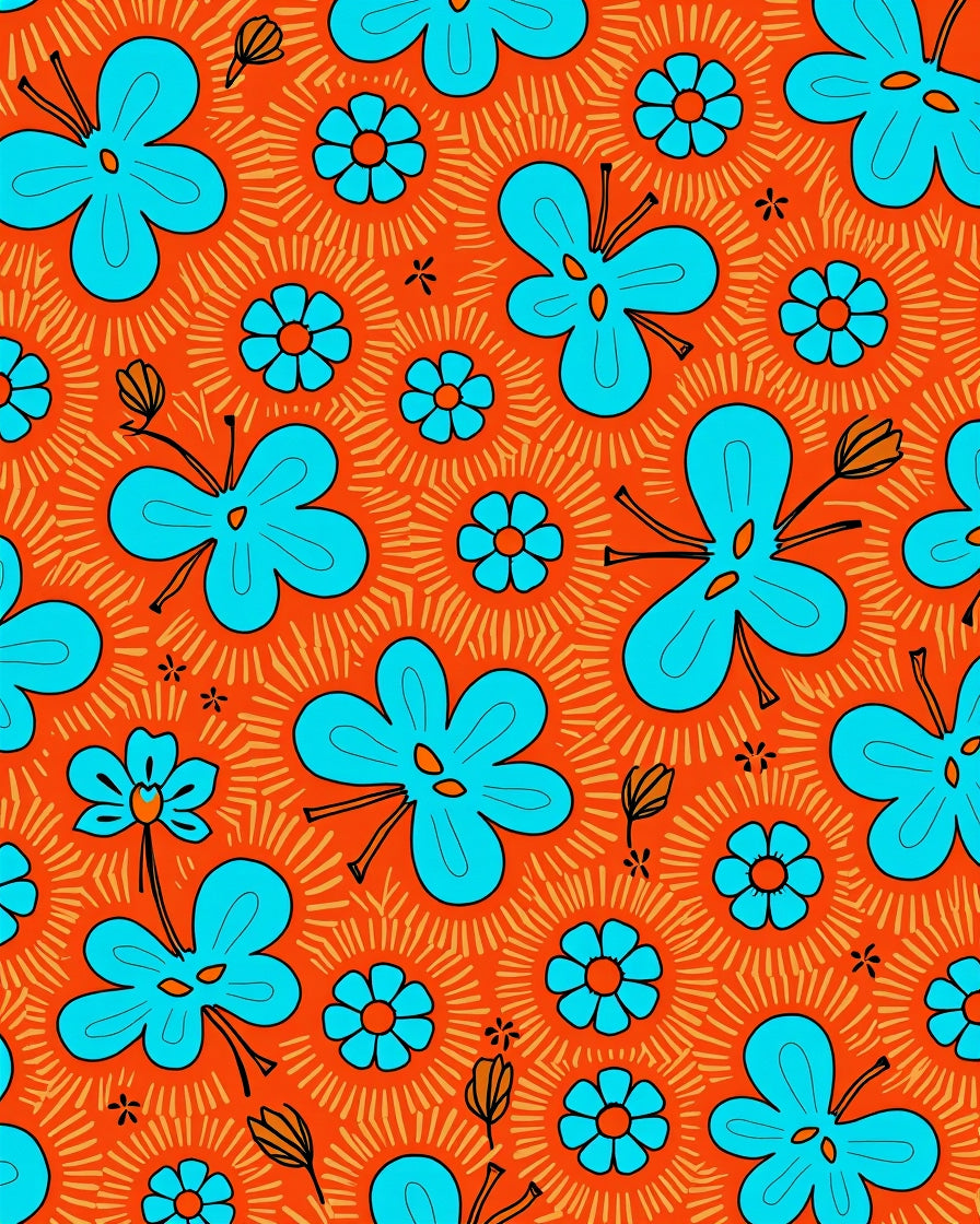 Vibrant Orange Sky Blue Floral Pattern Rug