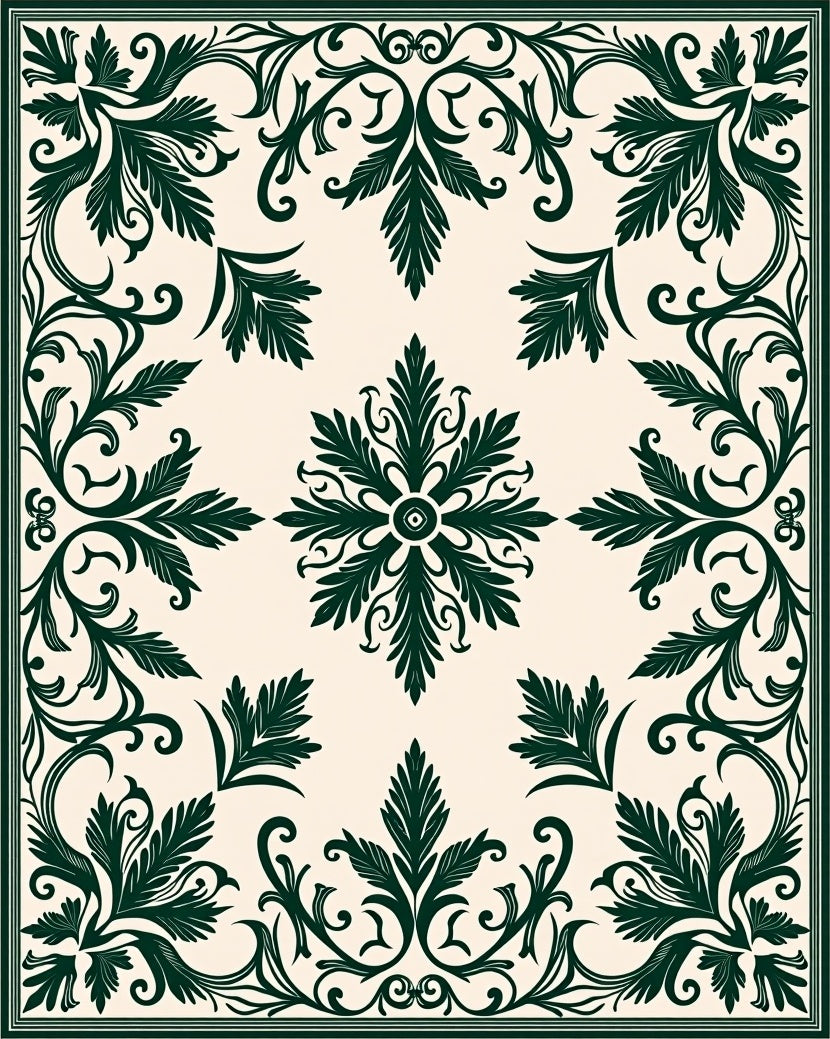 Ornate Leaf Scrollwork Square Design Rug