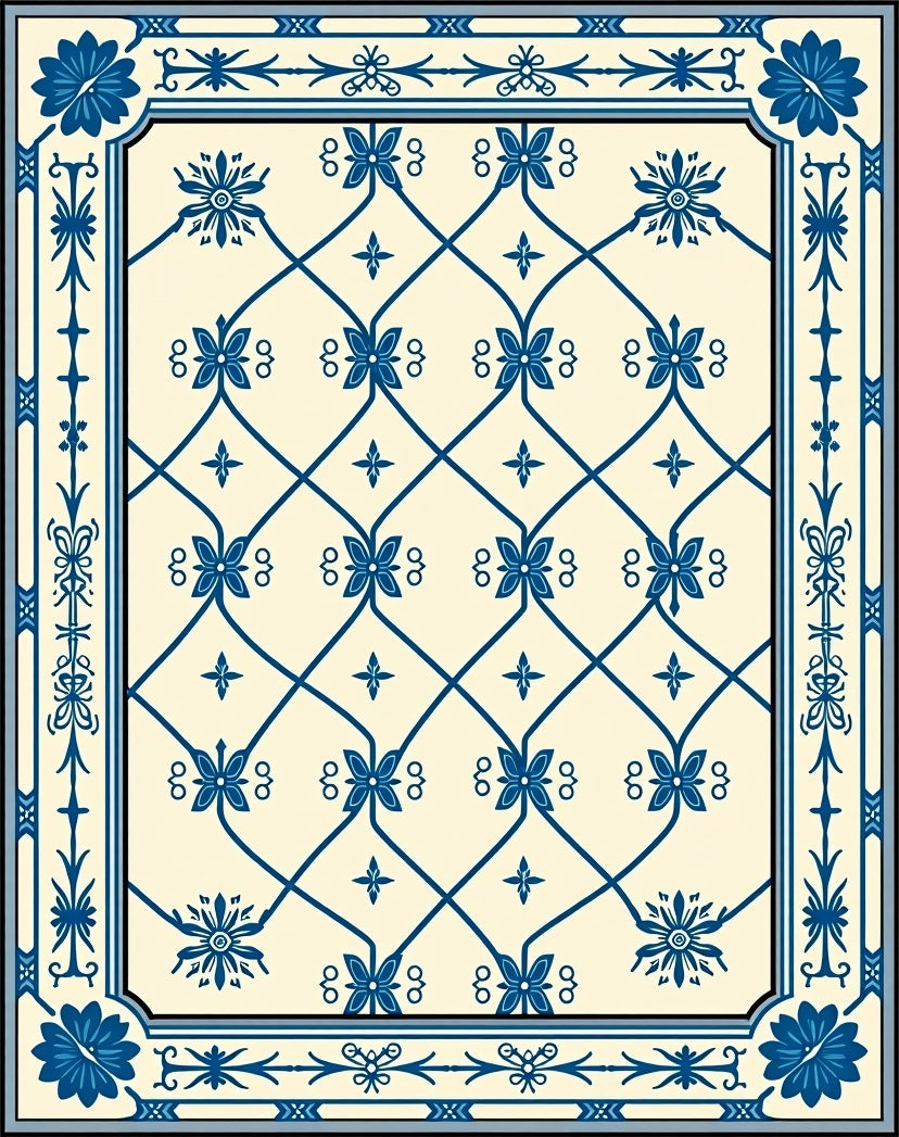 Blue Floral Lattice Border Design Rug