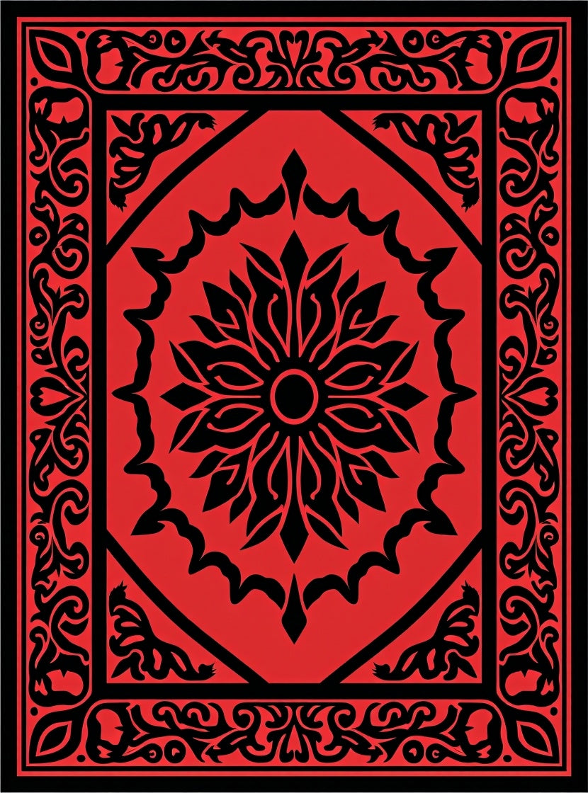 Red Black Floral Symmetry Rug