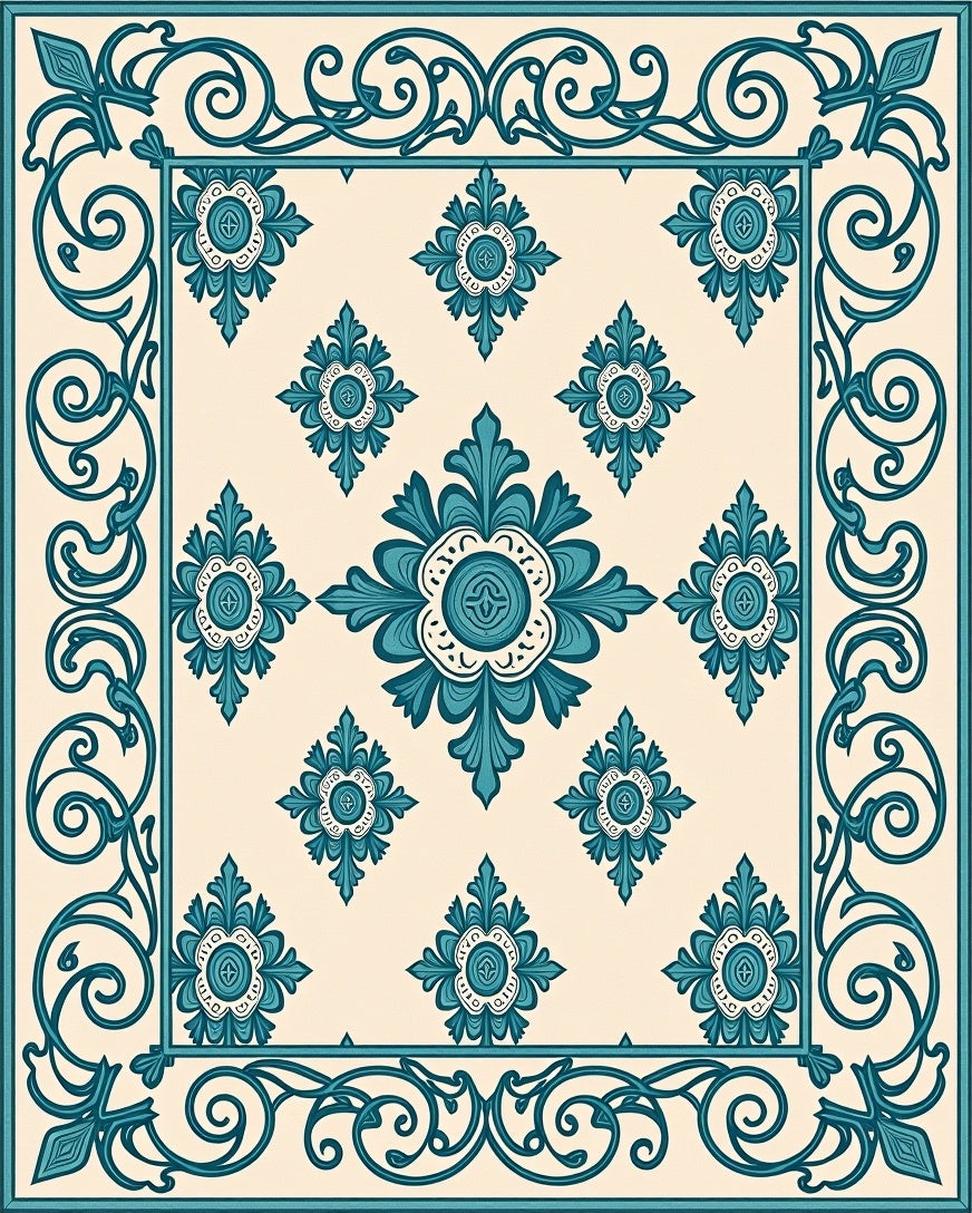 Teal Floral Scrollwork Tile Pattern Rug