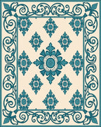 Teal Floral Scrollwork Tile Pattern Rug