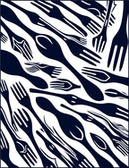 Dark Blue Utensil Collage Graphic Rug